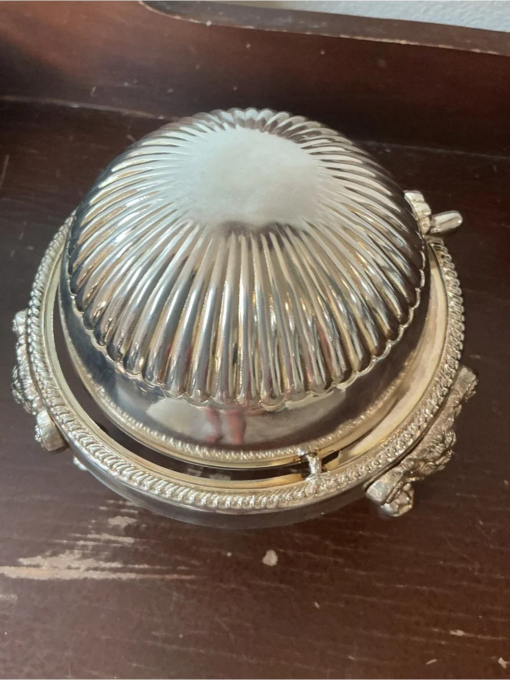 Vintage Silver Plate Roll Top Lid Caviar Butter Dish Server Lion Heads Claw Feet